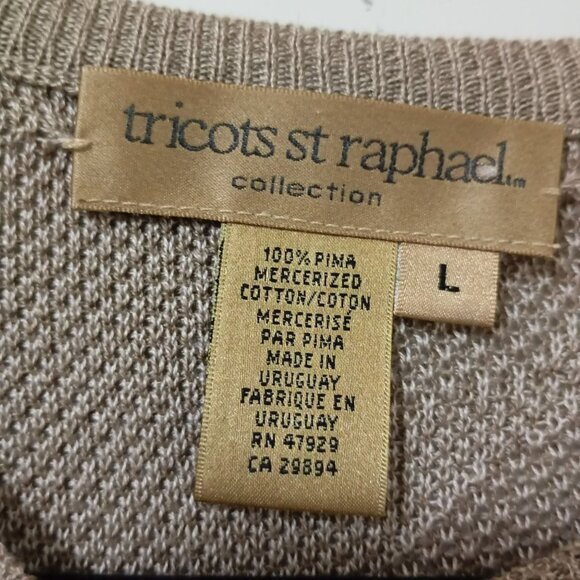 Tricots St Raphael Beige Leaf-Patterned Crewneck Sweater Large 100% Pima Cotton - Picture 2 of 7